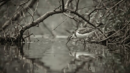A bird wading in water among tangled branches and roots, reflective surface, monochrome, nature scene.