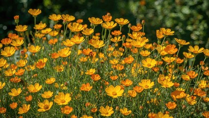 Yellow flowers blooming in a field under sunlight with green foliage in the background.