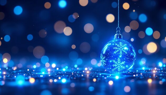 Blue Christmas ornament with snowflakes and festive bokeh lights