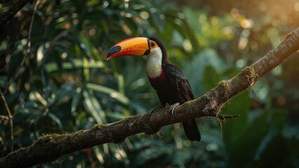 Fototapeta premium A toucan perched on a tree branch in a lush, green jungle setting with sunlight filtering through the leaves.