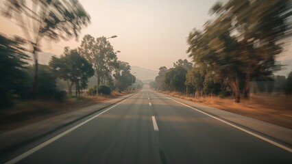 Fototapeta premium Empty road trip through nature with trees and mountains in the distance, capturing a travel and adventure scene.