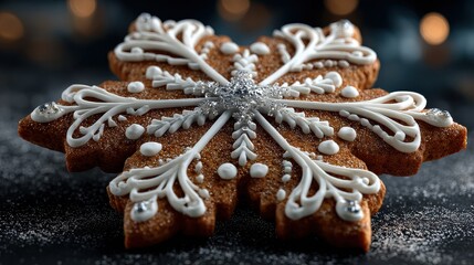 Snowflake-shaped cookie decorated with white icing and sugar on a dark background during winter season