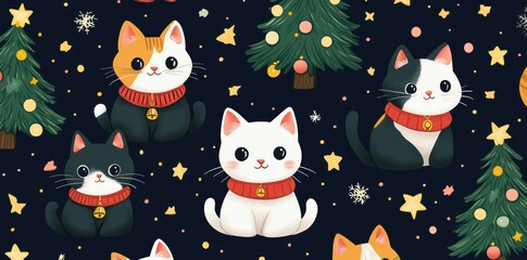 Fototapeta premium Seamless pattern of cartoon cats in festive Christmas attire among pine branches and ornaments
