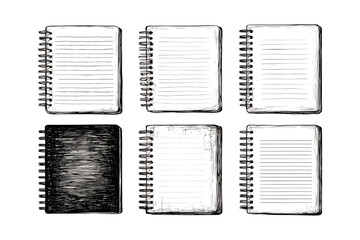 Illustration of six spiral bound notebooks in a grid on a transparent background