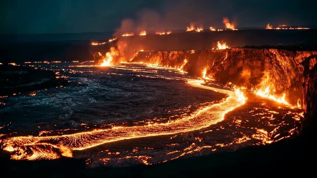 Rivers of glowing lava snake along rugged coastline at night where ocean meets volcanic fire showcasing dramatic natural forces and environmental power