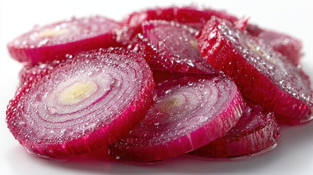 Freshly sliced red onion rings arranged neatly on a white surface with droplets of water glistening on them showcasing their texture and vibrant color - Powered by Adobe