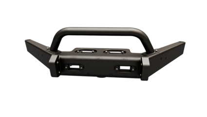 A company logo displayed on a black metal bumper with a handle, showcasing technology and industry on a white background from a frontal viewpoint