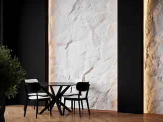 Stylish dining room or lounge living interior design with accent wall background - white textured stone - trend 2026 cloud dancer tone. Black details and furniture - table and chairs. 3d render