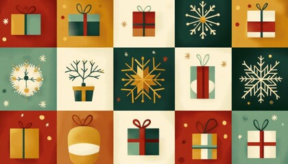 Festive Christmas pattern with stylish icons like snowflakes and gift boxes in vibrant colors, creating a modern holiday design