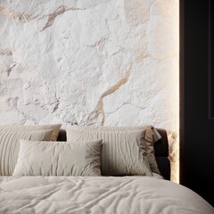 Cloud dancer color of the year 2026 white tone bedroom with stone accent. Mockup background interior design rich home or hotel space. Accent color trend. Beige, black and white palette room. 3d render