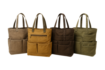 Set of durable multi pocket canvas utility bags in assorted colors Isolated on a Transparent Background