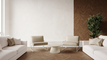 Neutral elegant panton color of the year 2026 cloud dancer of walls and furniture. Living modern stylish room interior mockup design home or hotel. Microcement plater stucco, wood details. 3d render