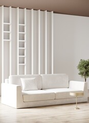 Cloud dancer trend color of the year 2026 in the luxury living lounge. Mockup modern room design interior home. Accent white furniture - cozy sofa and shelves. Totally white space. 3d render