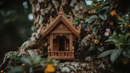 A small traditional wooden shrine or spirit house nestled on a tree trunk surrounded by greenery and flowers.