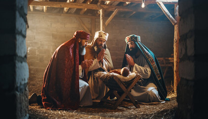 The Three Kings pay homage to the baby Jesus lying in a manger and offer him gifts.