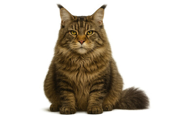 Fototapeta premium Maine coon cat sitting looking at camera, fluffy tabby pet with long fur and yellow eyes on transparent background