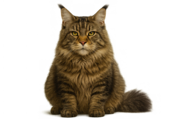 Maine coon cat sitting looking at camera, fluffy tabby pet with long fur and yellow eyes on transparent background