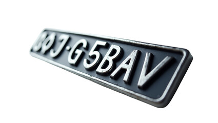Close up of a vintage embossed metal vehicle registration plate featuring alphanumeric characters against a with shallow depth of field