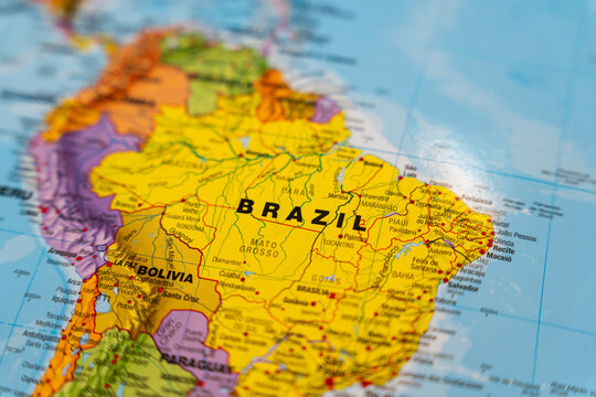 Warsaw, Poland - Dec 5, 2025: A detailed map highlighting Brazil, featuring geographic boundaries, and neighboring countries, ideal for educational and travel contexts.