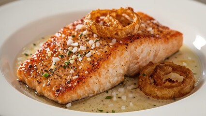 Grilled salmon fillet with crispy fried onion rings and garnish on white plate.