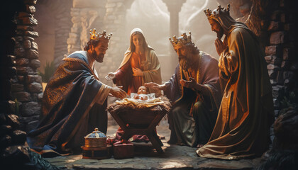 Trzej Kr&oacute;lowie oddają pokłon dzieciątku Jezus leżącemu w żłobie składając mu dary