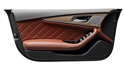 Luxurious automotive door panel featuring diamond stitched cognac leather trim and rich wood accents for high end vehicle interiors