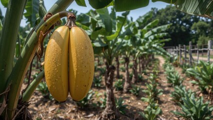 Bananas hanging from a banana plant in a farm with banana trees and foliage. Agriculture and fruit cultivation. Tropical farming. The concept of banana plantation and cultivation.
