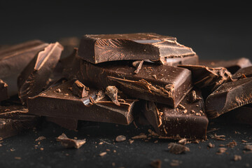 Dark chocolate bar pieces stacked on dark background