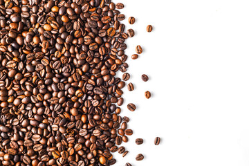 Roasted coffee beans border on white background