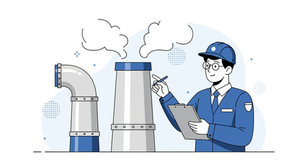 Illustration showcasing an engineer inspecting a factory with pipes and smoke emissions