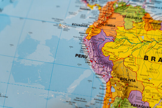 Warsaw, Poland - Dec 5, 2025: A detailed geographical map focusing on Peru, highlighting borders, major cities, and natural features for educational and illustrative purposes.