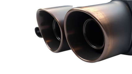 Close up of shiny dual chrome car exhaust tips with warm internal reflection against a stark emphasizing power and performance