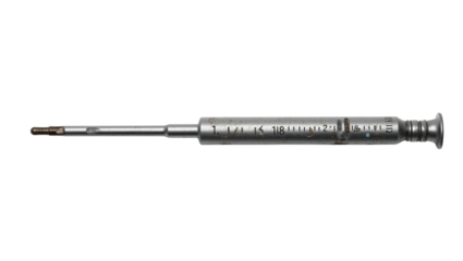 Precision metal measuring tool shaft with engraved depth markings on a stark for technical use