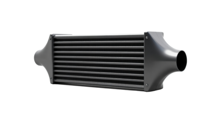 Sleek metallic automotive intercooler component for performance tuning and engine cooling system upgrades