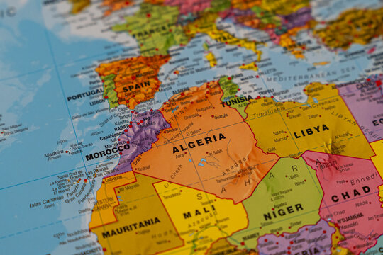Warsaw, Poland - Dec 5, 2025: Detailed map highlighting Algeria in North Africa, showcasing its geographical position near Mediterranean Sea and neighboring countries.