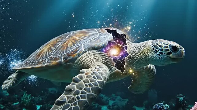 Mystical Sea Turtle with Cracked Shell Revealing Cosmic Energy.