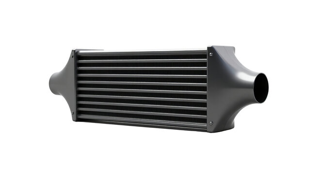 Sleek metallic automotive intercooler component for performance tuning and engine cooling system upgrades