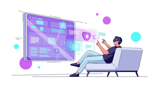 Immersive digital experience: Man interacting with a virtual interface using VR headset - Powered by Adobe