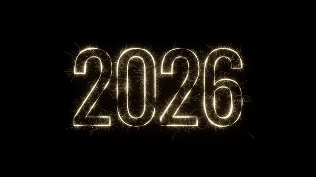 A sparkling firework sparkler forming a the text 2026 on a dark black background