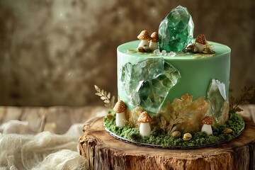 Green cake with crystals on wooden base.
