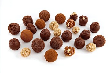 Chocolate truffles assortment on white background.
