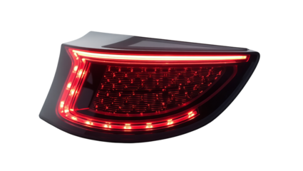 Sleek modern automotive led taillight assembly glowing bright red against a stark emphasizing futuristic design and safety features