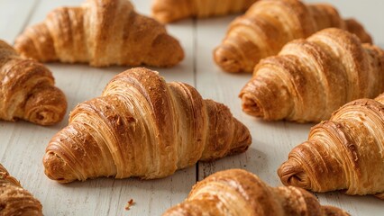 Fresh croissants on a wooden surface. Bakery and pastry concept. Breakfast and food. The idea of baked goods and culinary delights.