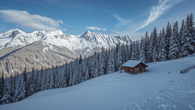 Snow-covered mountains and pine trees with a wooden cabin in a winter landscape. Cold weather and alpine scenery. Snowy forest and mountain view. - Powered by Adobe