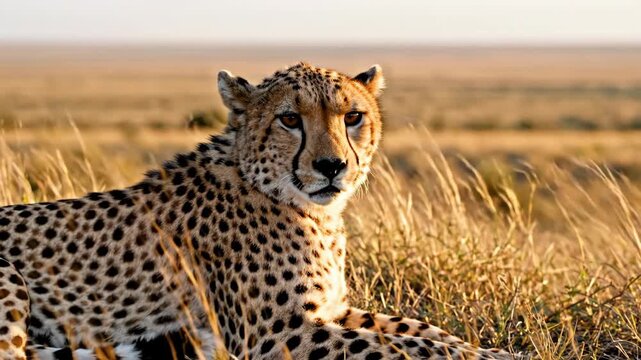 A Majestic Cheetah Rests in the Golden Savannah During a Warm Sunset Casting Long Shadows Across the Dry Grasslands of Africa