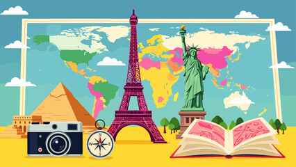 Explore the world with iconic landmarks, a vintage camera, compass, and an open map, symbolizing global adventure and discovery.