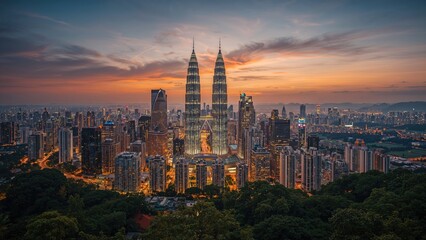 Obraz premium City skyline of Kuala Lumpur featuring the Petronas Towers at sunset, with a vibrant sky and city lights, showcasing urban development and beauty.