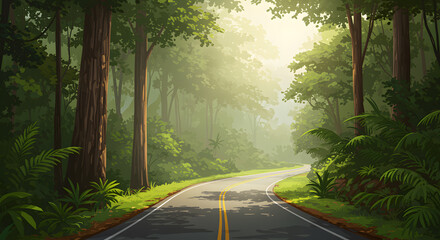 Obraz premium Winding forest road with sunlit trees and lush green foliage