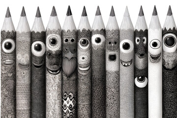 Illustration of a row of pencils with drawn faces on them isolated on transparent background
