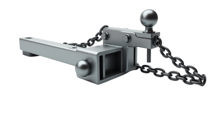 Heavy duty trailer hitch receiver with tow ball and safety chains rendered in metallic silver against a stark for automotive parts visualization